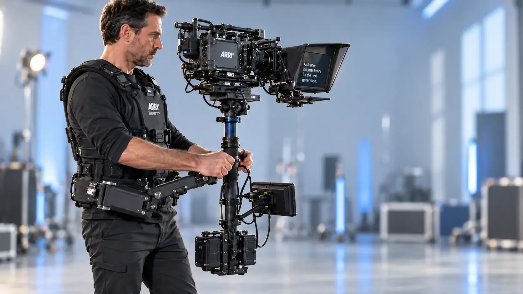 ARRI TRINITY 2 camera stabilizer with wireless through-the-lens teleprompter.