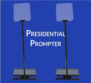 Two blue teleprompters on stands with the words 'Presidential Prompter' written between them on a blue background.