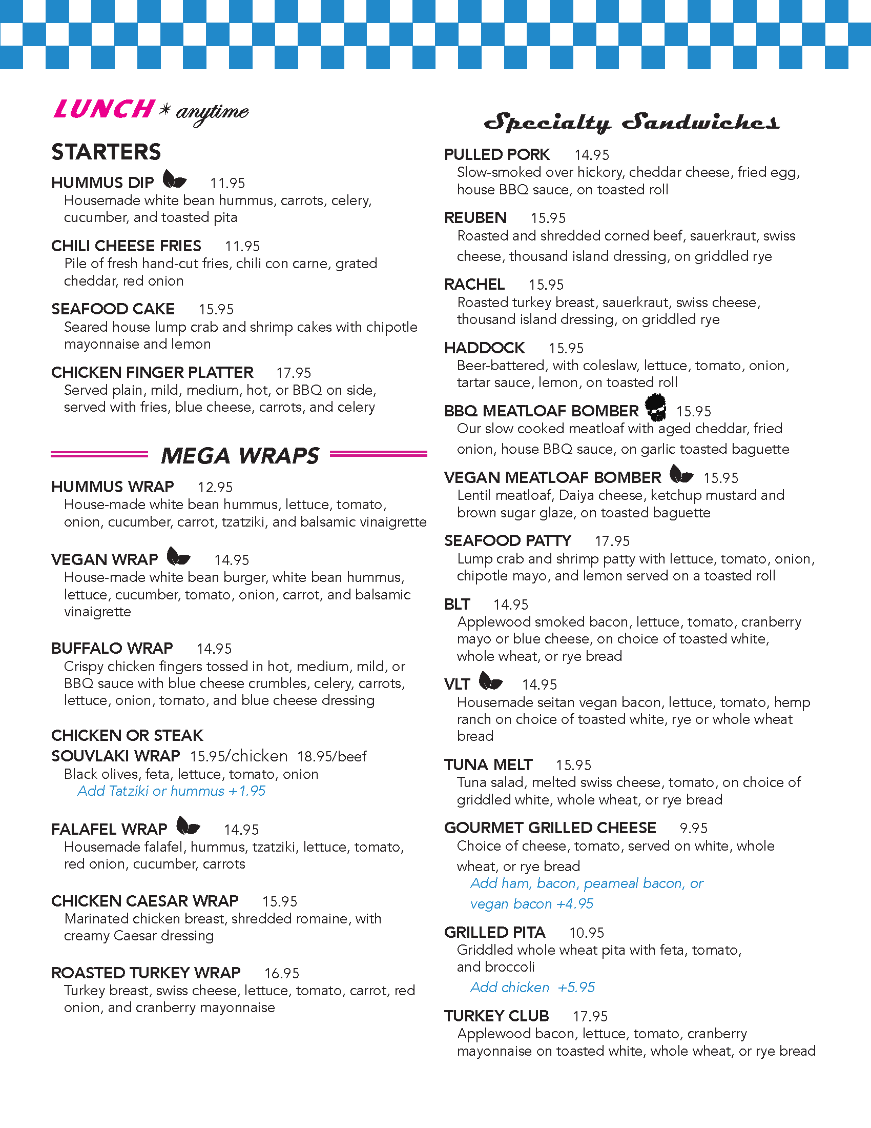 A restaurant menu featuring lunch options, including starters like hummus dip, chili cheese fries, seafood cake, and chicken finger platter, as well as various wraps, sandwiches, and burgers. The menu displays prices and descriptions of each dish.