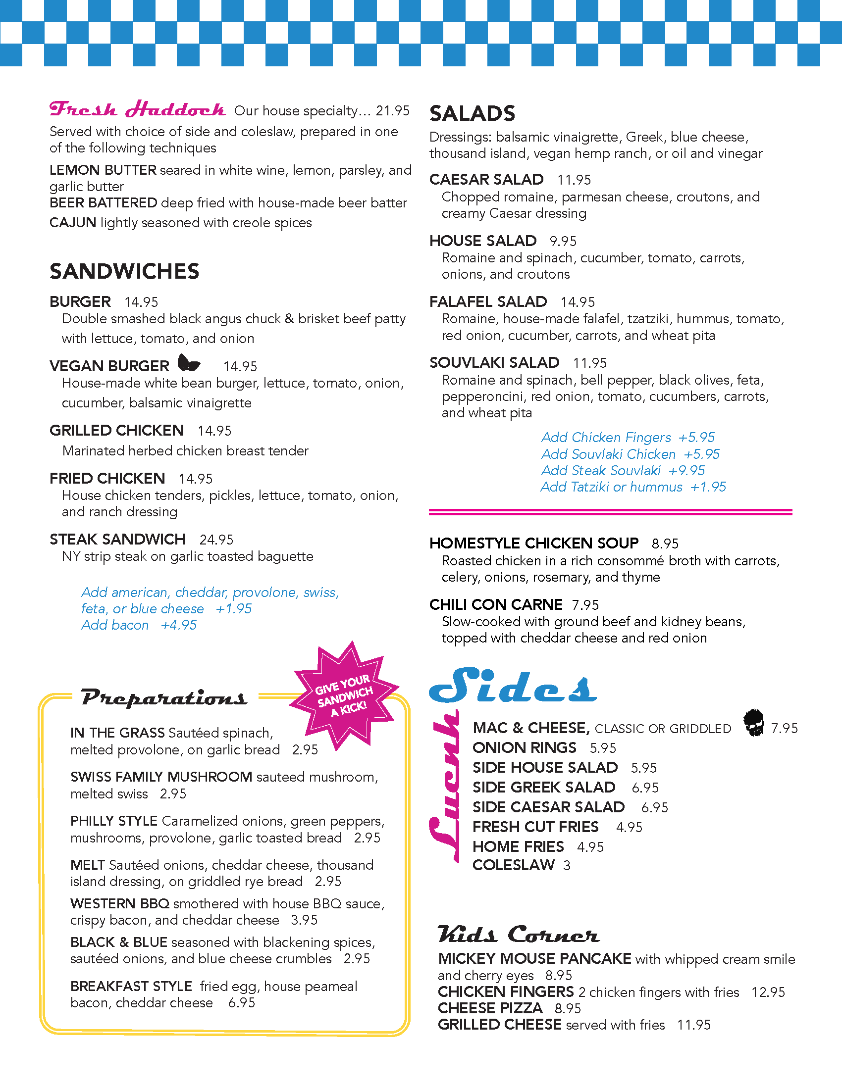 Restaurant menu featuring various appetizers, sandwiches, salads, sides, and Kids Corner options with prices listed.