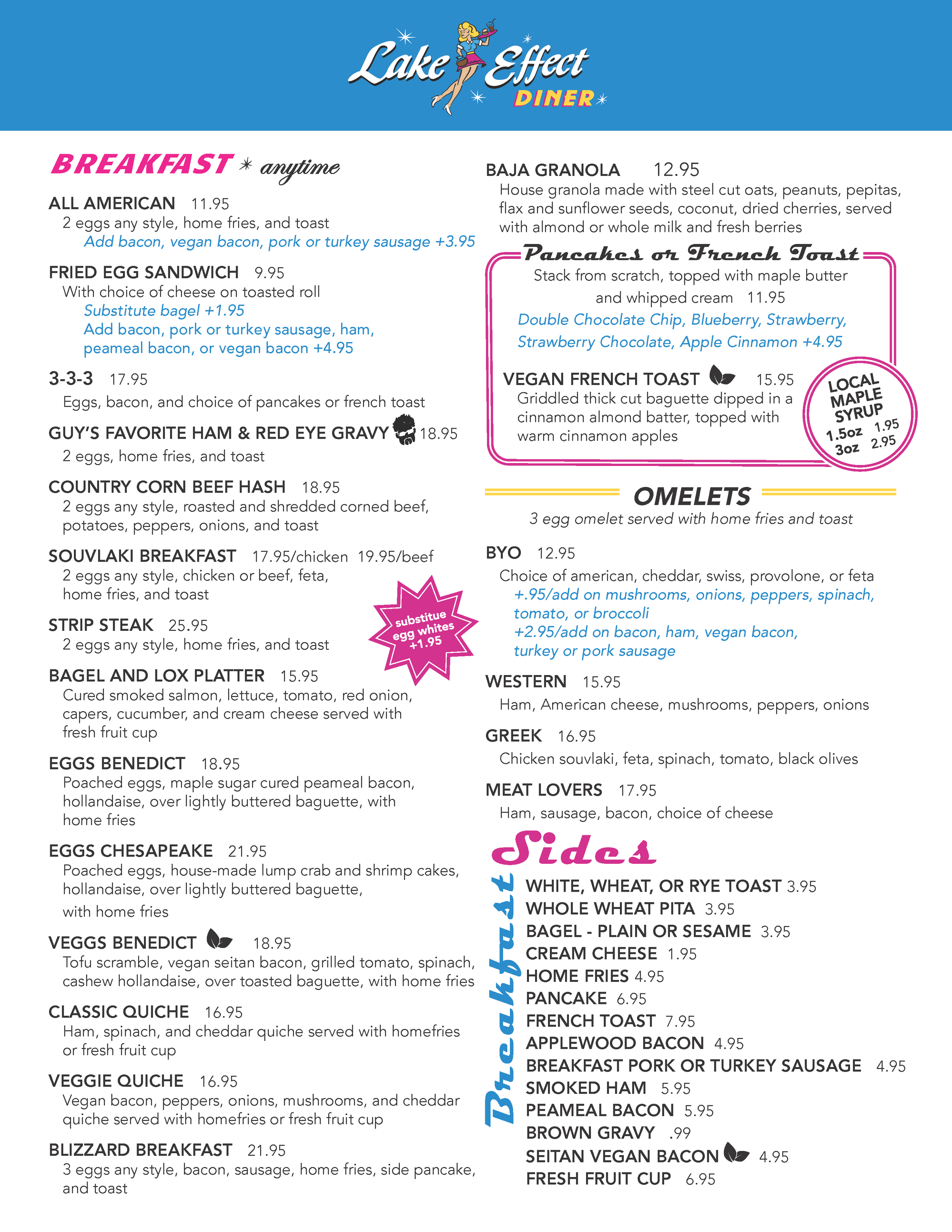 A menu from Lake Effect Diner featuring breakfast, sides, and additional options.