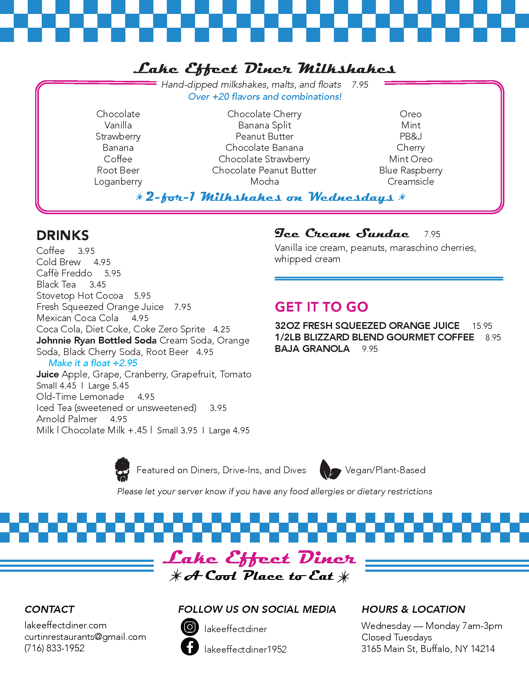 A restaurant menu featuring lake-themed dinner options and beverages, with a blue checkered border at the top and bottom.