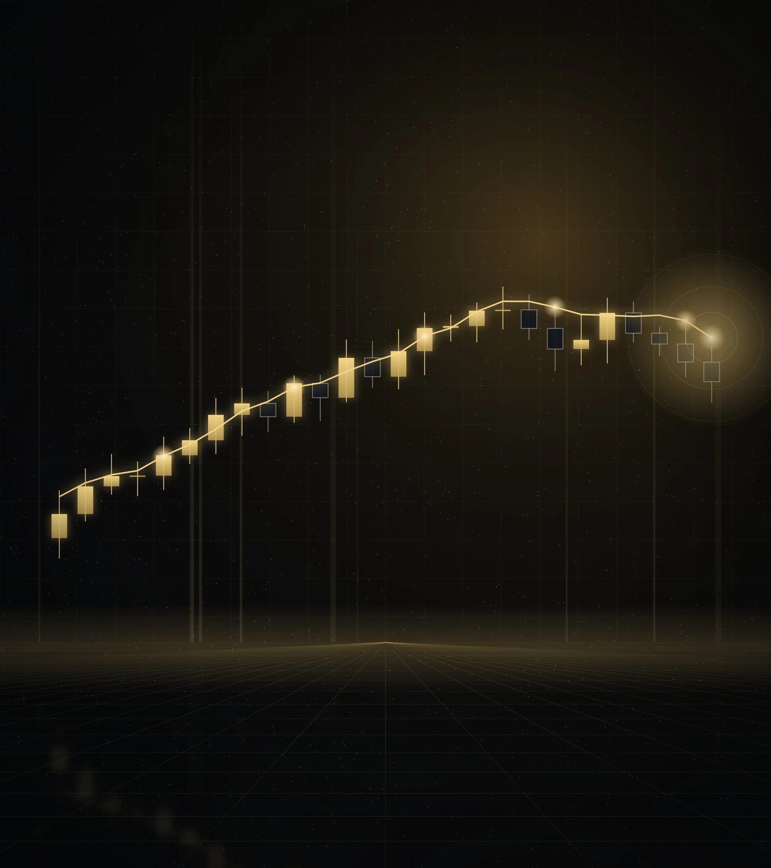 Gold candlestick chart rising above a glowing grid, showing how markets move before the crowd notices