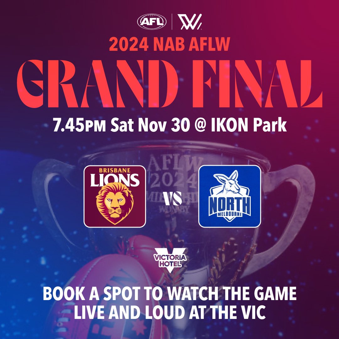 Come and watch the AFLW Grand Final live and loud from IKON Park at the Vic this Saturday night! Reigning champs Brisbane Lions take on The Kangaroos in what's sure to be a battle for the ages. 

We've got bookings available now but it will fill up q