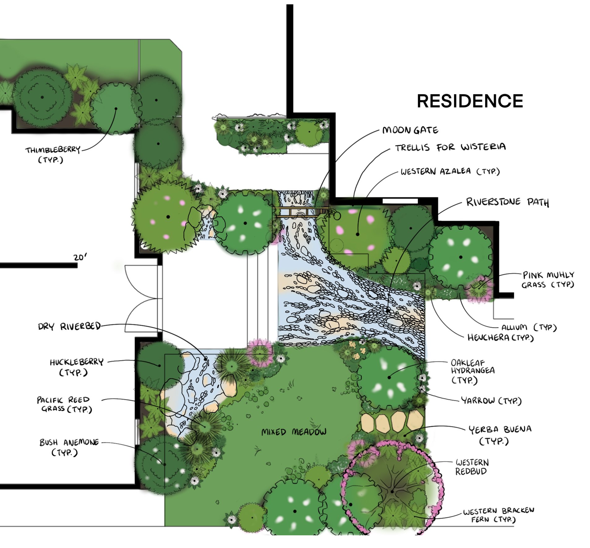 A detailed landscape garden plan showing various plants, trees, and features around a residence, including a dry riverbed, mixed meadow, and labeled plants like thimbleberry, huckleberry, Pacific reed grass, bush anemone, and pink muhly grass.