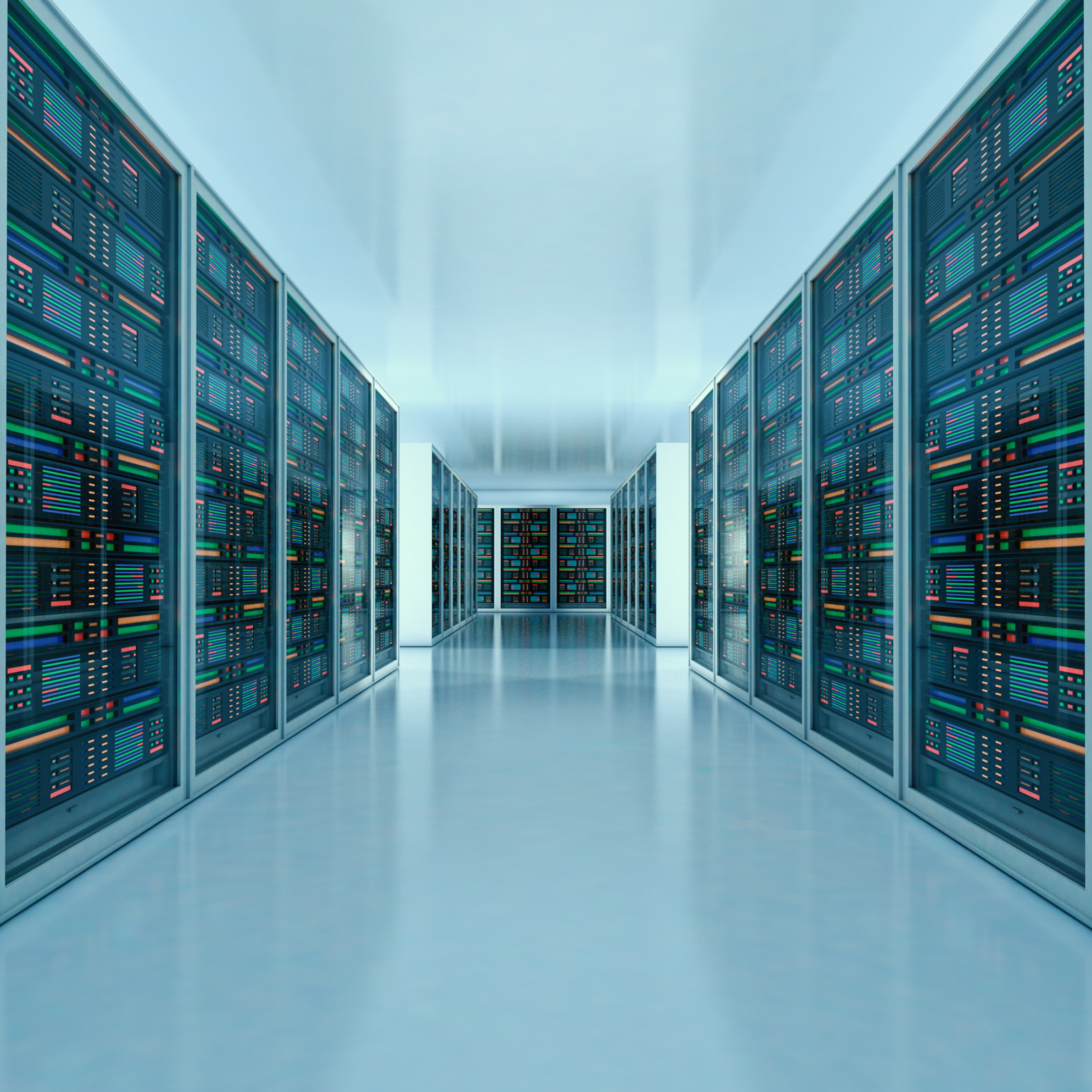 A data centre with rows of server racks filled with colorful LED lights, viewed from a low angle showing the ceiling.