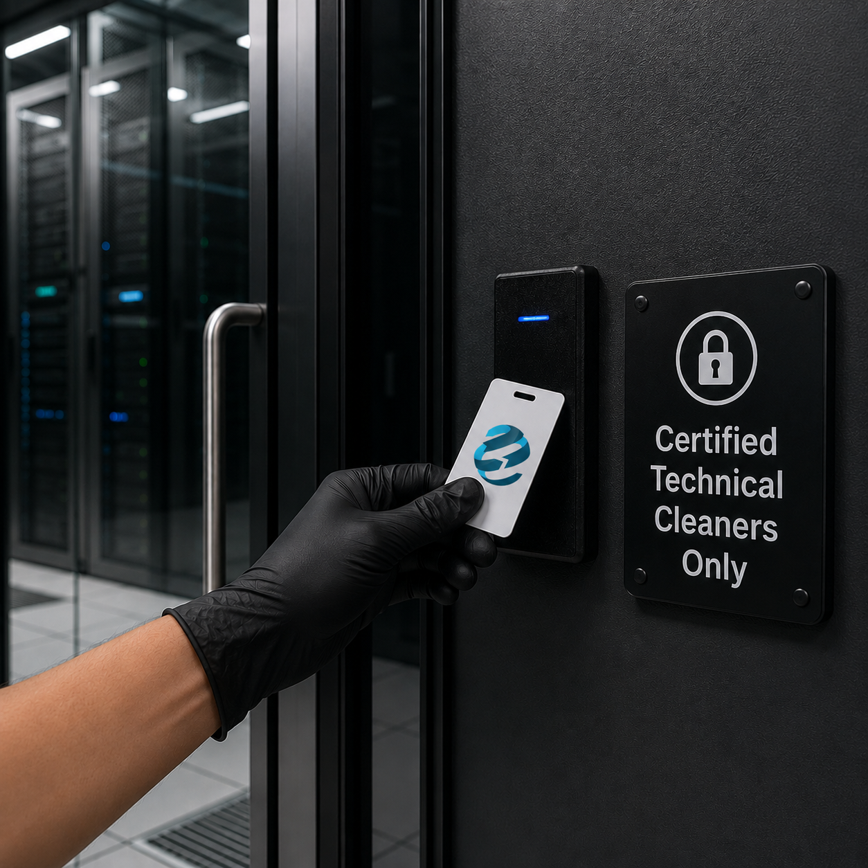 A hand wearing a black latex glove, swiping a security access card at the entrance to a data centre.