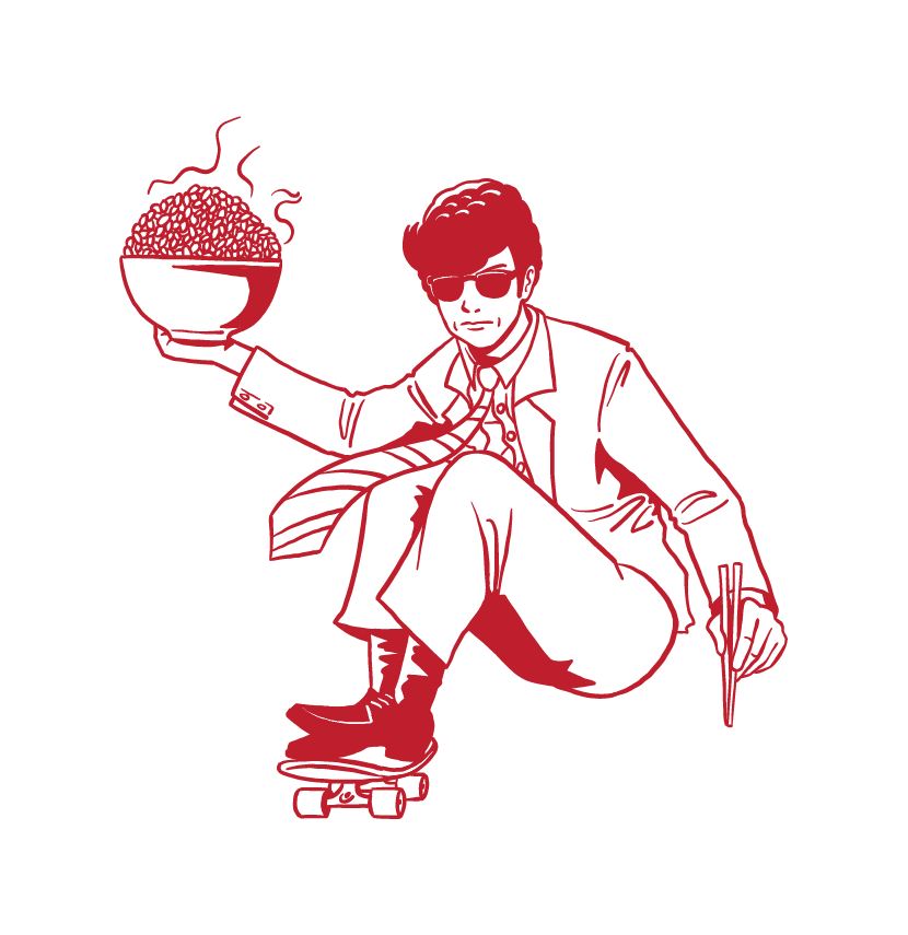 A line drawing of a man squatting on a skateboard, holding a bowl of noodles, with sunglasses and a jacket.