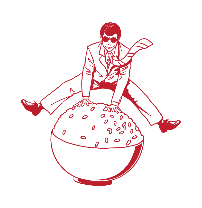 A red line drawing of a man in a suit and sunglasses, sitting on a large ball that looks like a bowl of popcorn, against a black background.