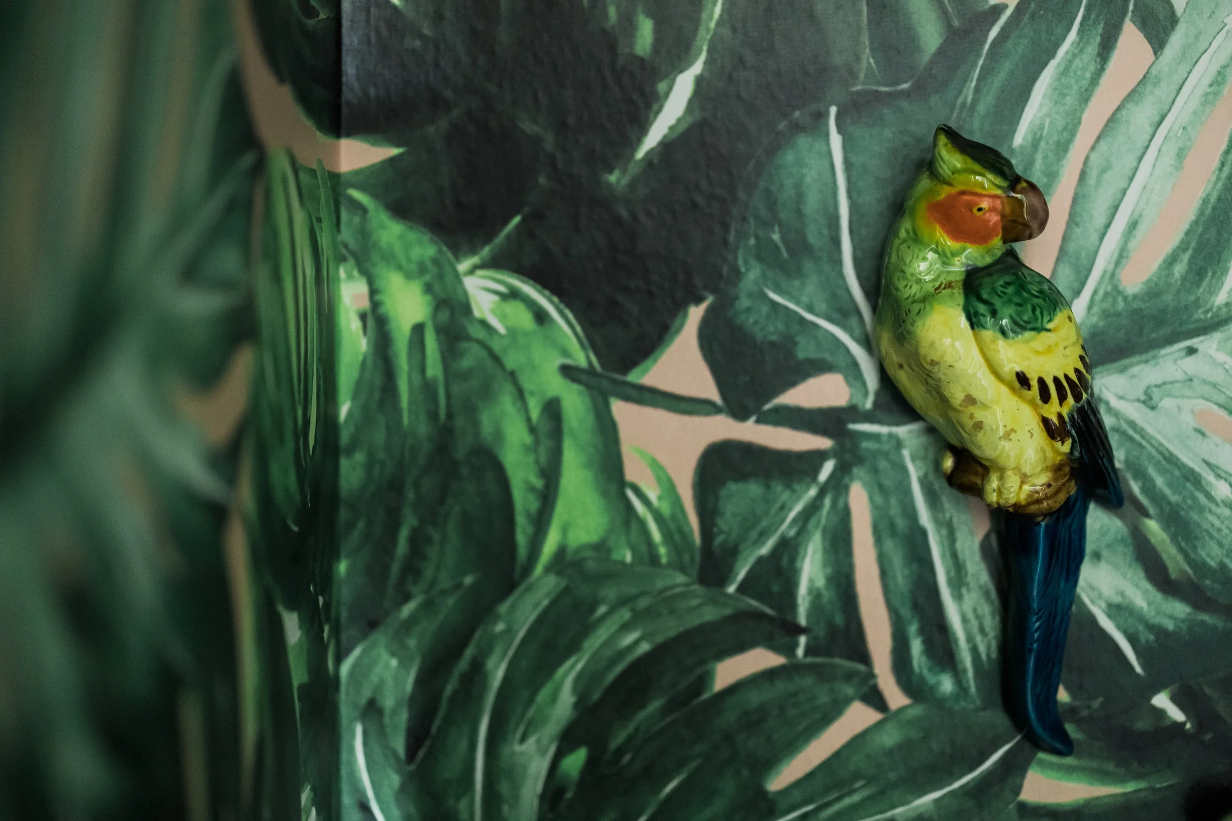 Colorful ceramic parrot figurine perched on a wall with large green tropical plant leaves in the background.