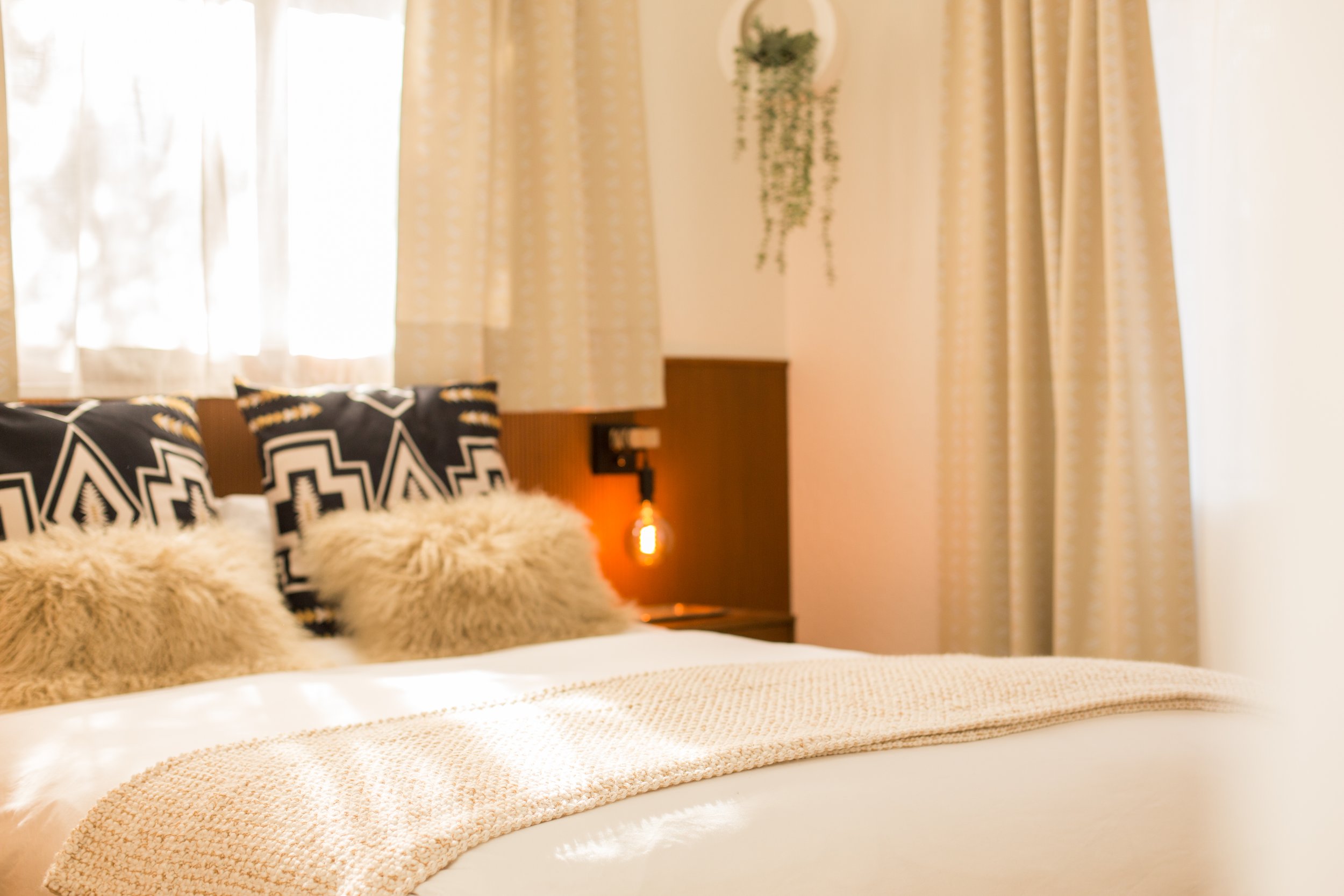 A cozy bedroom with two fluffy pillows, decorative black and white pillows, a textured beige blanket on the bed, beige curtains with a subtle pattern, a hanging potted plant, and a bedside lamp emitting a warm glow.