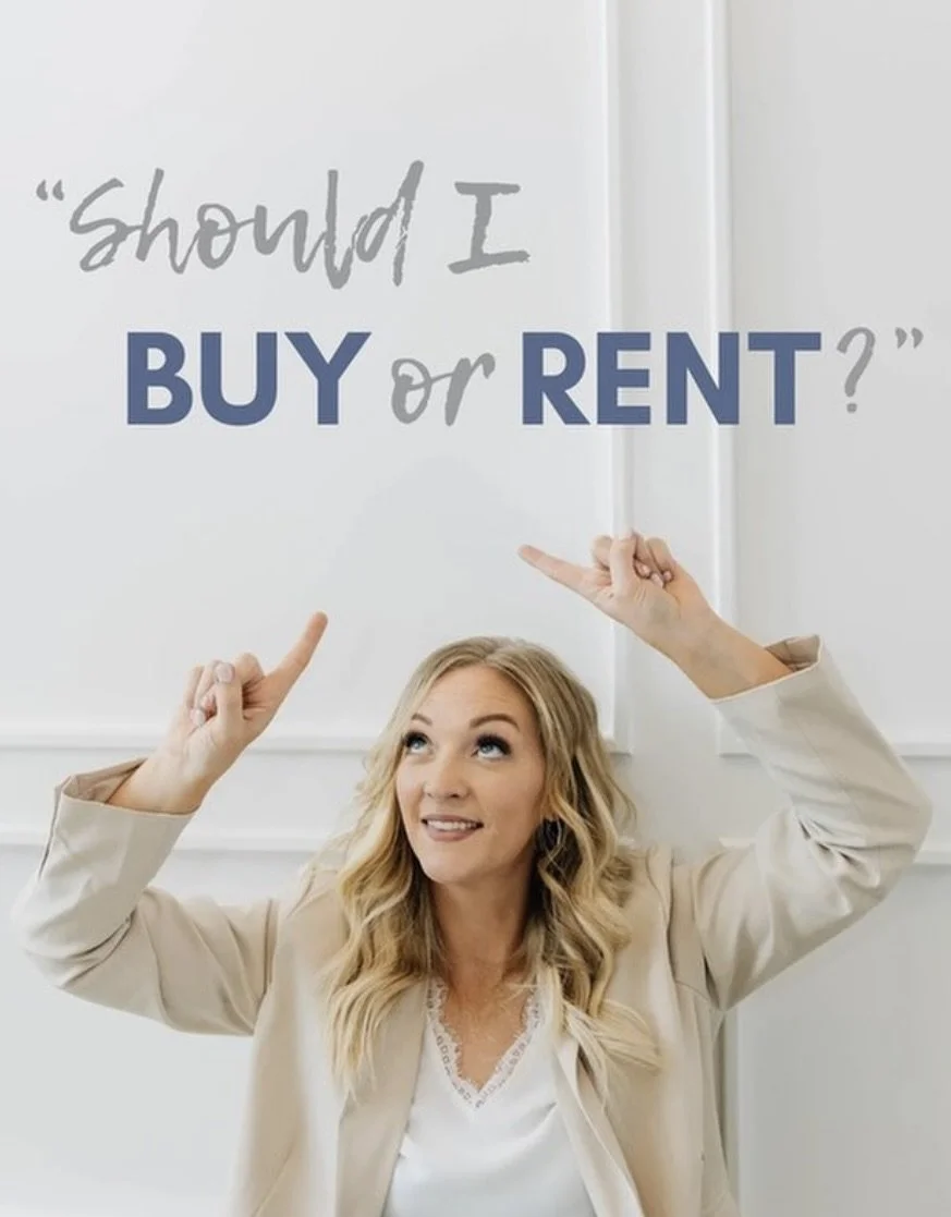 Woman in beige blazer pointing up at text "Should I Buy or Rent?" on a white background.