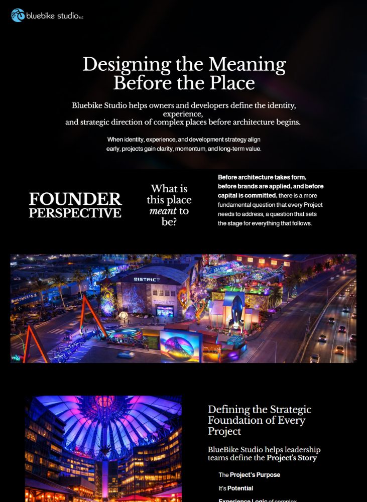 A promotional image for Bluebike Studio emphasizing the importance of designing the meaning before architecture. It features text outlining the company's approach to defining identity, experience, and strategy early in projects. The lower part of the image showcases vibrant nightlife scenes with colorful illuminated buildings and structures, highlighting urban and entertainment environments.