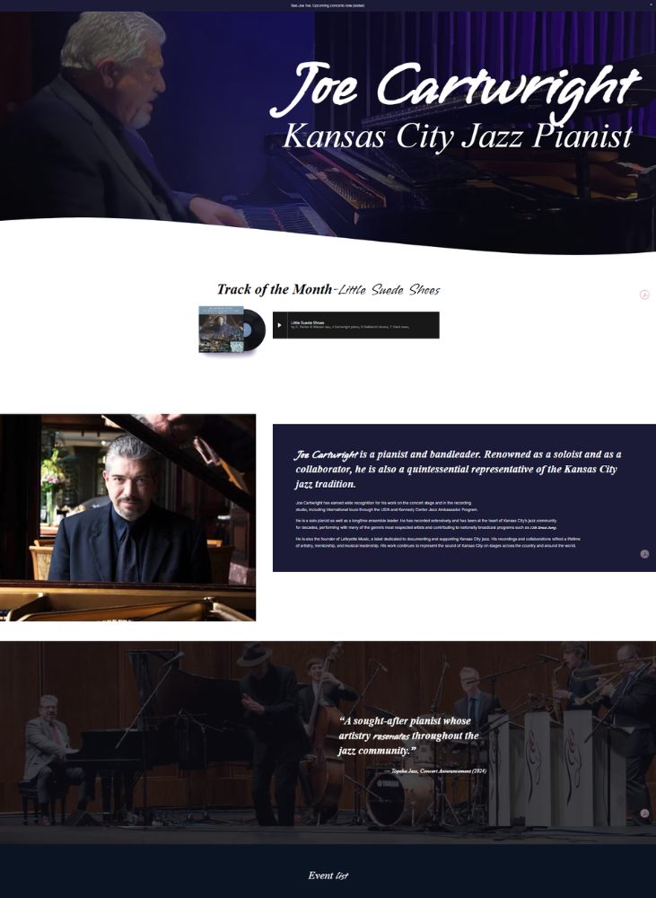 A promotional webpage for jazz pianist Joe Cartwright featuring his photo, biography, and a highlighted music track titled "La Luna Negra."