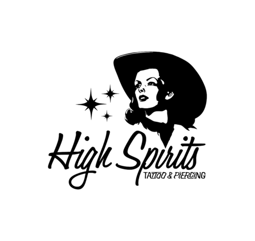 Logo with a stylized woman with curly hair, stars, and the text 'High Spirit Rider & Racing' in cursive and block fonts.