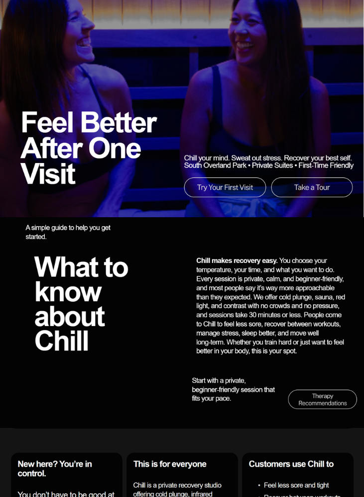 Two women smiling and talking in a dimly lit room with Neon lighting, promoting Chill, a recovery studio for relaxation and wellness.