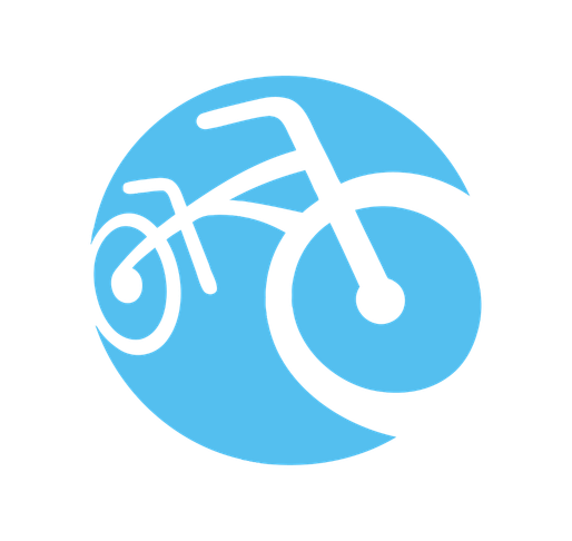 Logo of a black bicycle within a blue circle.