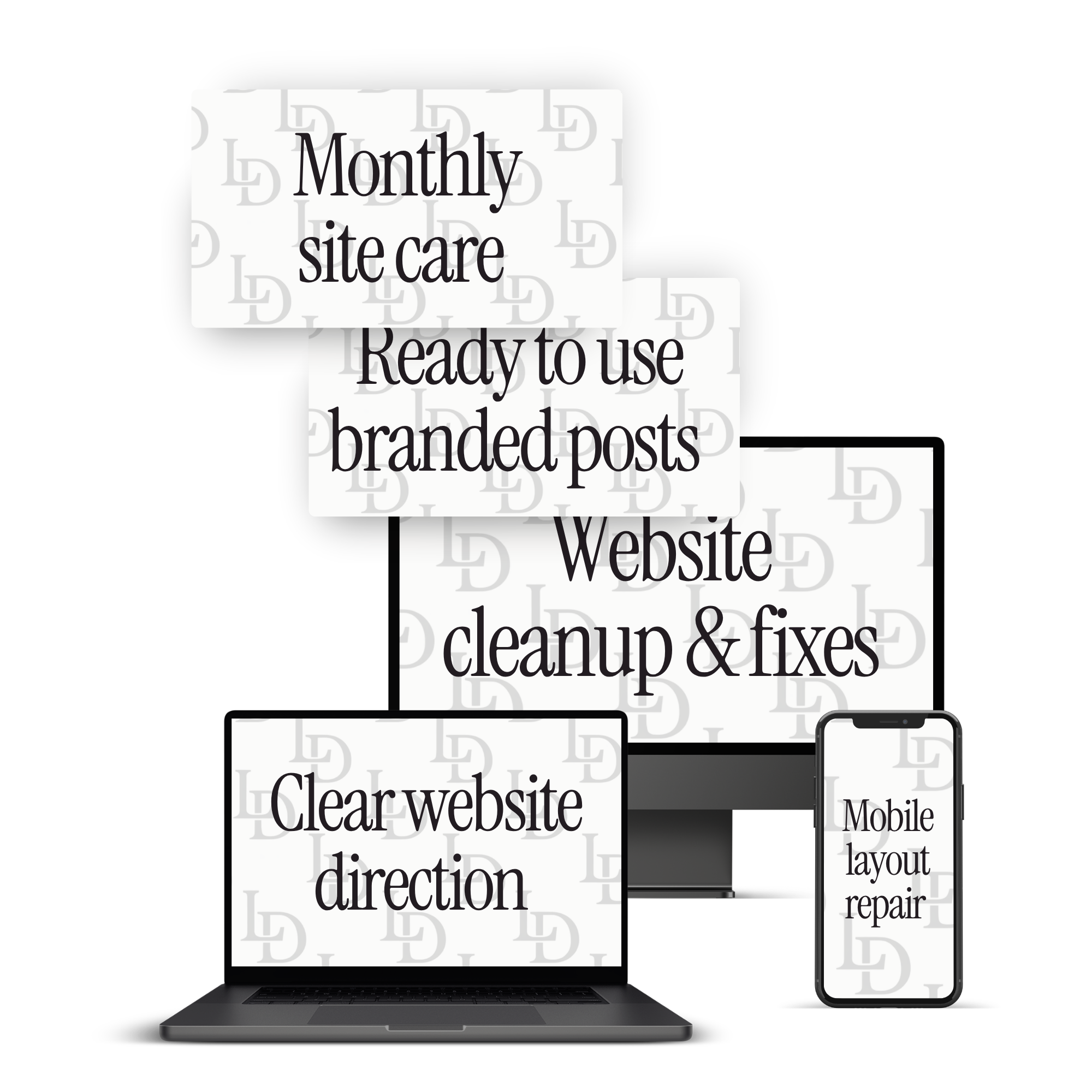 Multiple electronic devices displaying website development services including monthly site care, website direction, and cleanup & fixes, with a dark background.