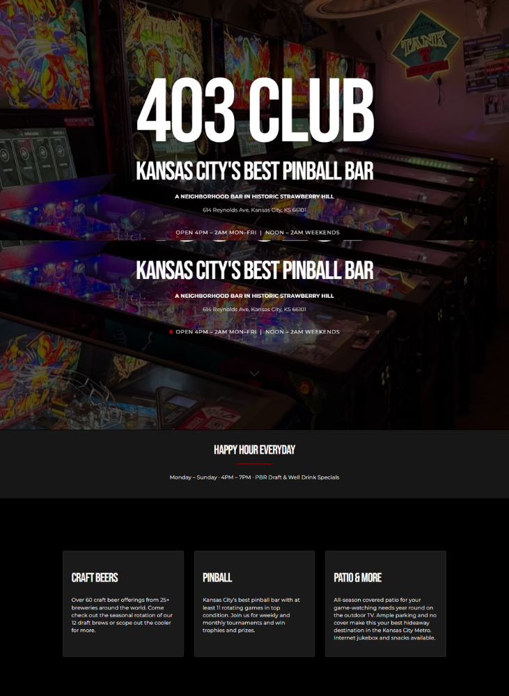 Pin Ball Bar Web Design Hero By Lourin DosSantos KC Squarespace Website & Graphic Design