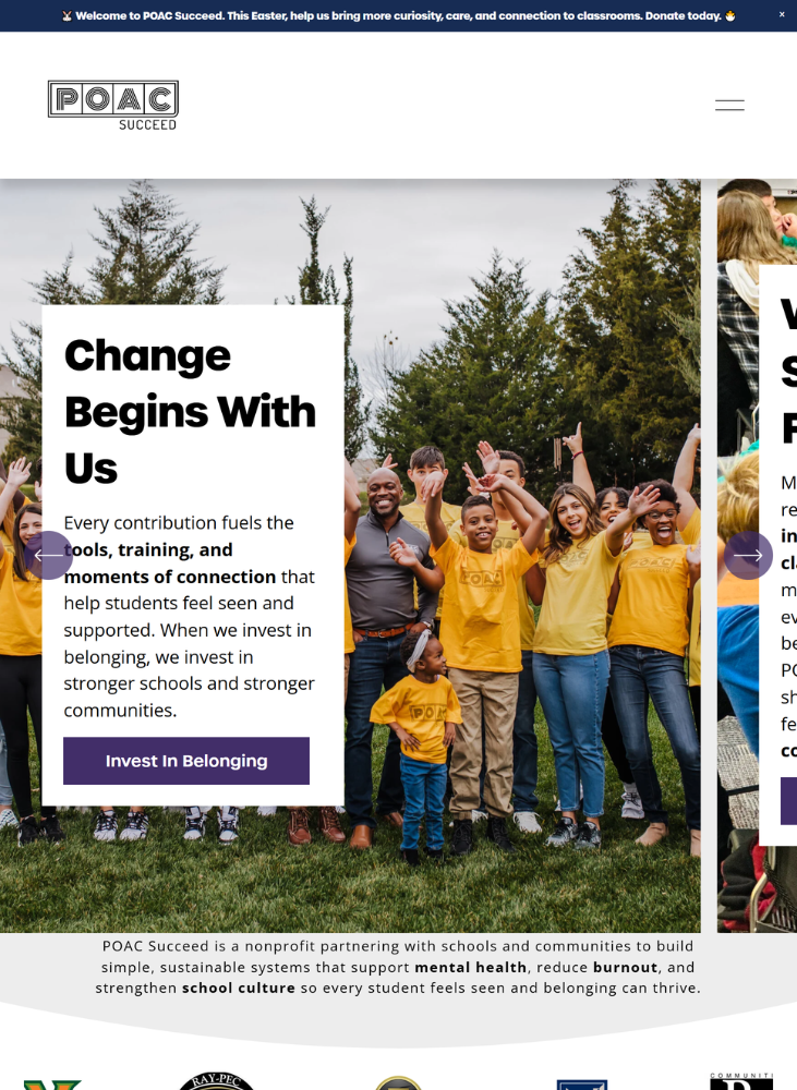 A group of diverse children and adults outdoors, smiling and waving, with trees in the background, part of a website promoting POAC Succeed's mission to build strong schools and communities.