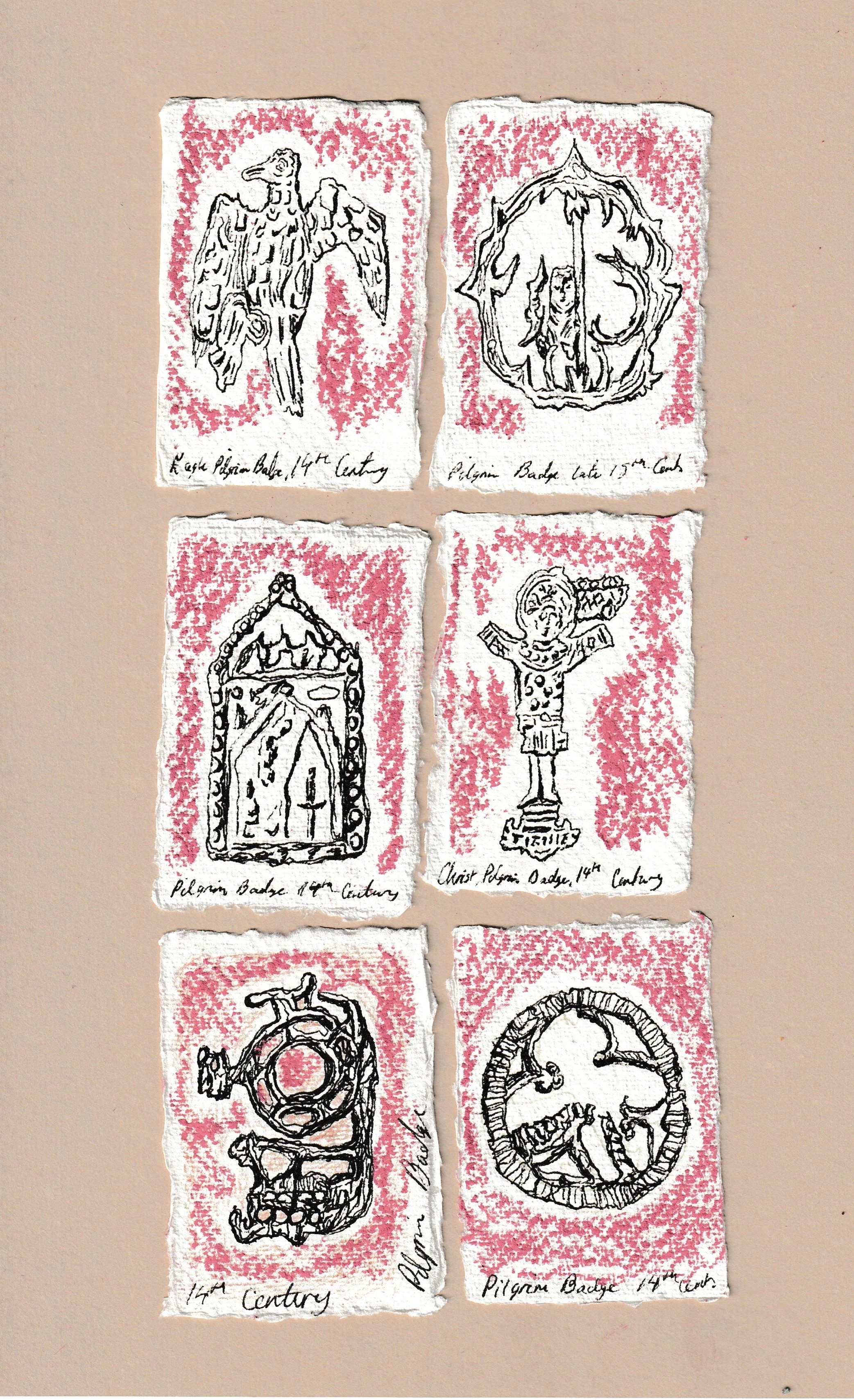 Pilgrim Badges. 14-15th Century. Ink and oil pastel on paper.
