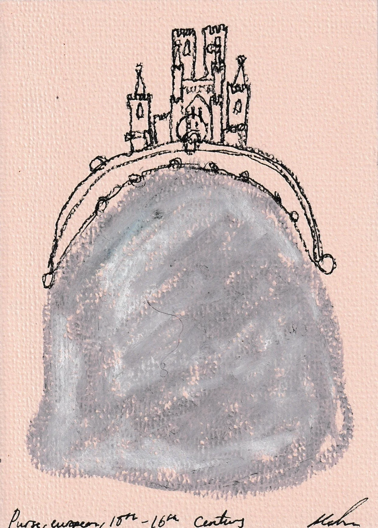 Purse, 16th Century.Oil pastel,charcoal and ink on paper.