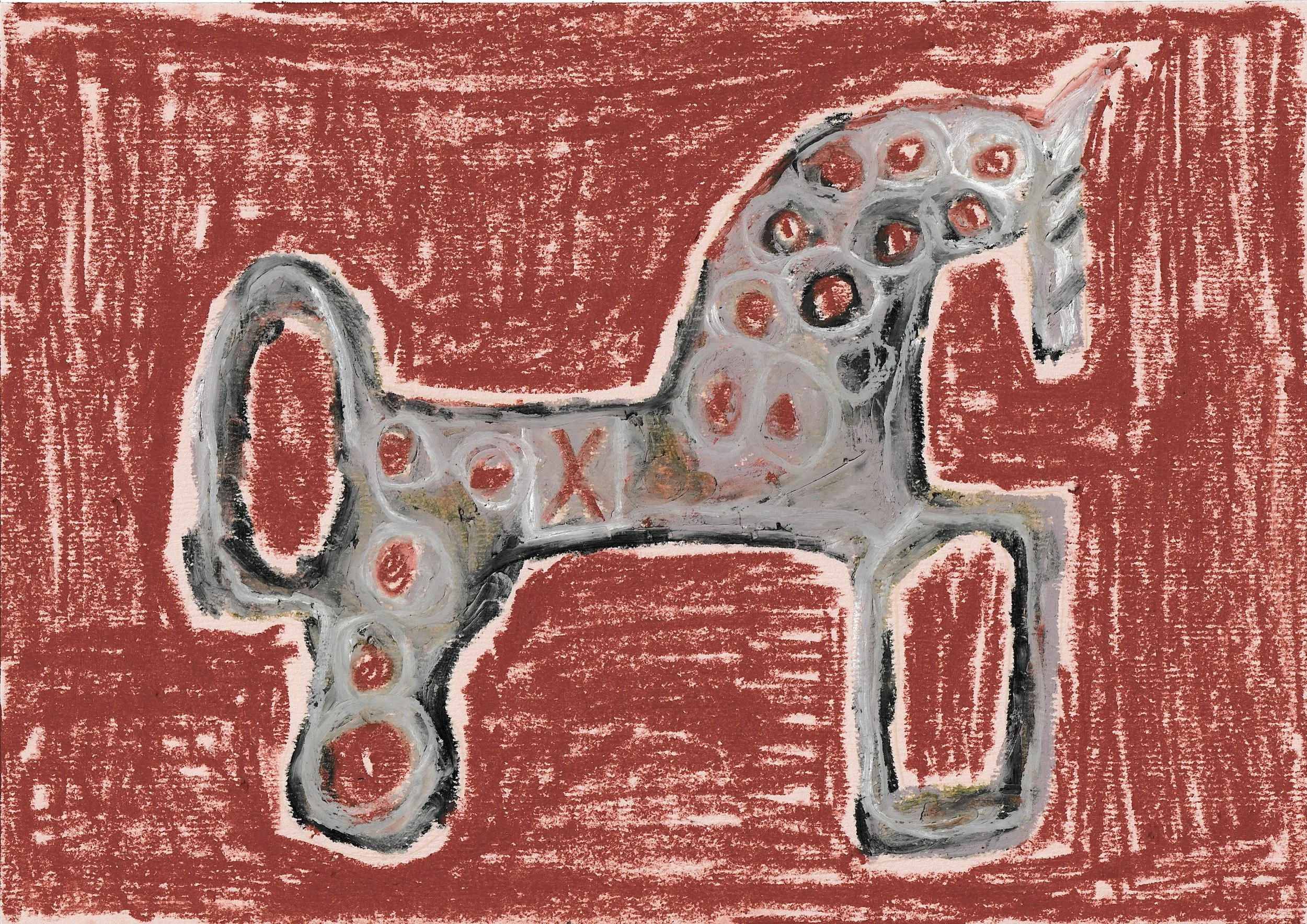 Horse brooch. Iron Age. Oil pastel on paper.