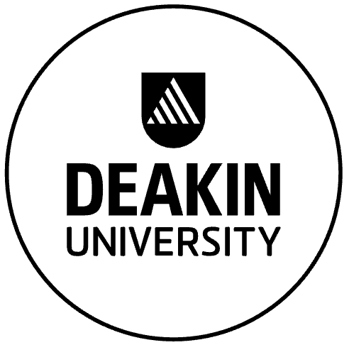 Deakin University logo in black and white, featuring a shield with a stylized striped triangle and the words "Deakin University" beneath.