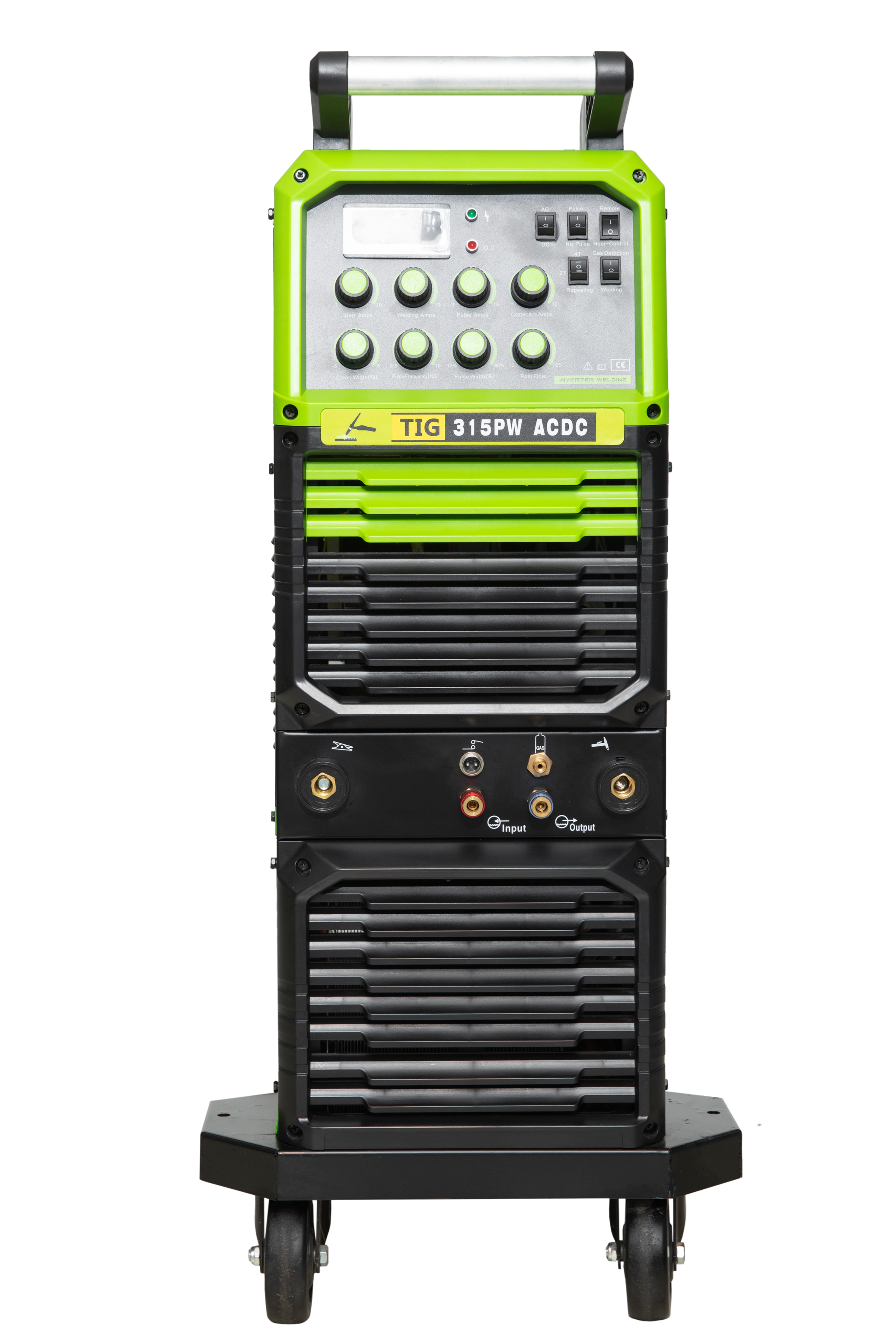 A green and black TIG welding machine with various controls, dials, and input/output ports, on wheels.