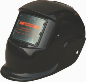 Black welding helmet with protective viewing window and warning label