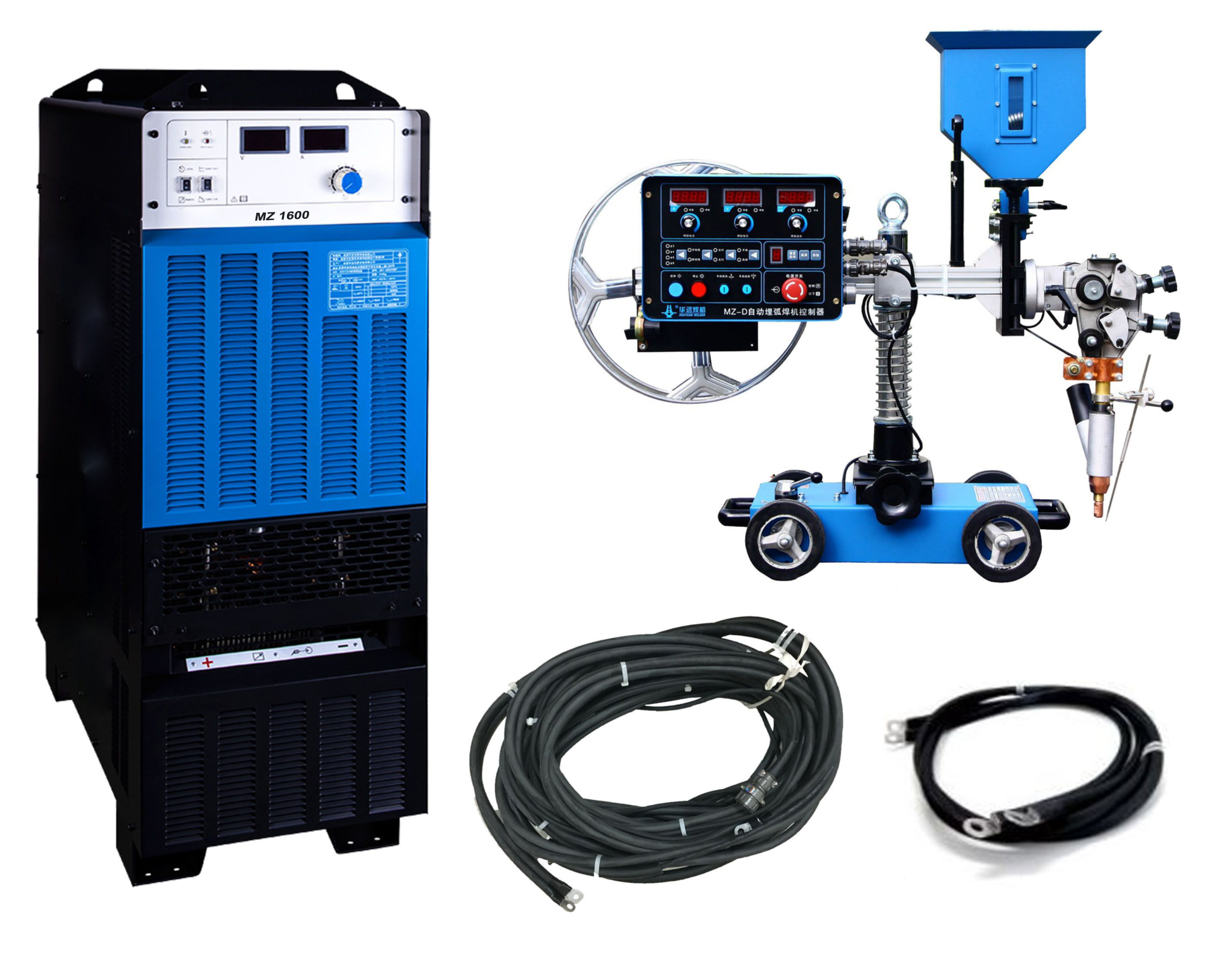 A welding machine, a control panel on a blue wheeled cart, a coiled cable, and a set of grounding cables.