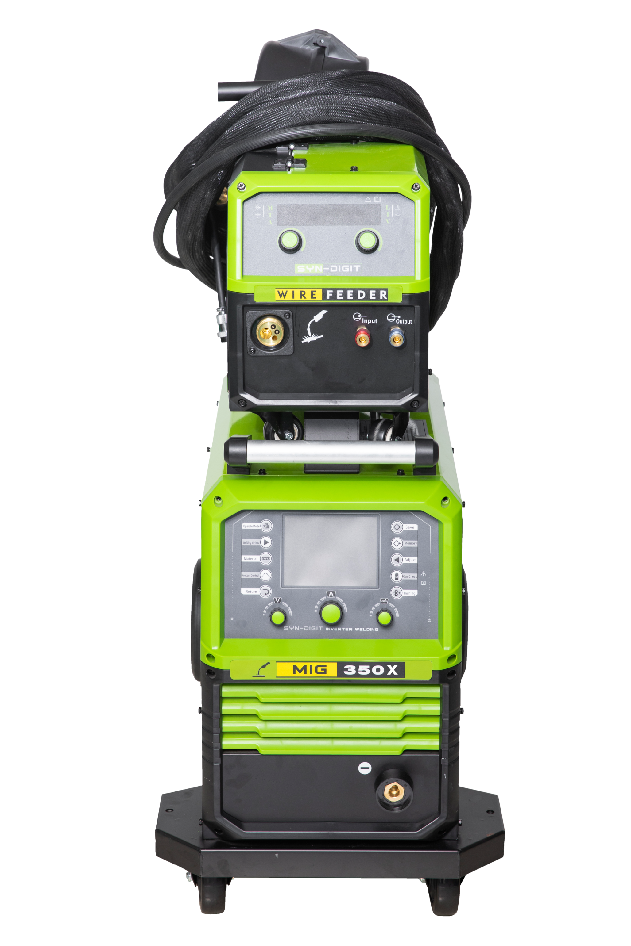 Welding machine with digital controls, labeled 'MIG 350X' and 'Wire Feeder', with attached cables and a welding gun.