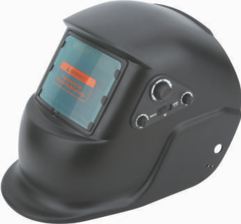 Black welding helmet with adjustable controls and lens
