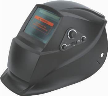 A black welding helmet with an adjustable viewing window and control dials.