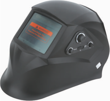 Black welding helmet with an electronic display and control knobs, displaying a warning message.