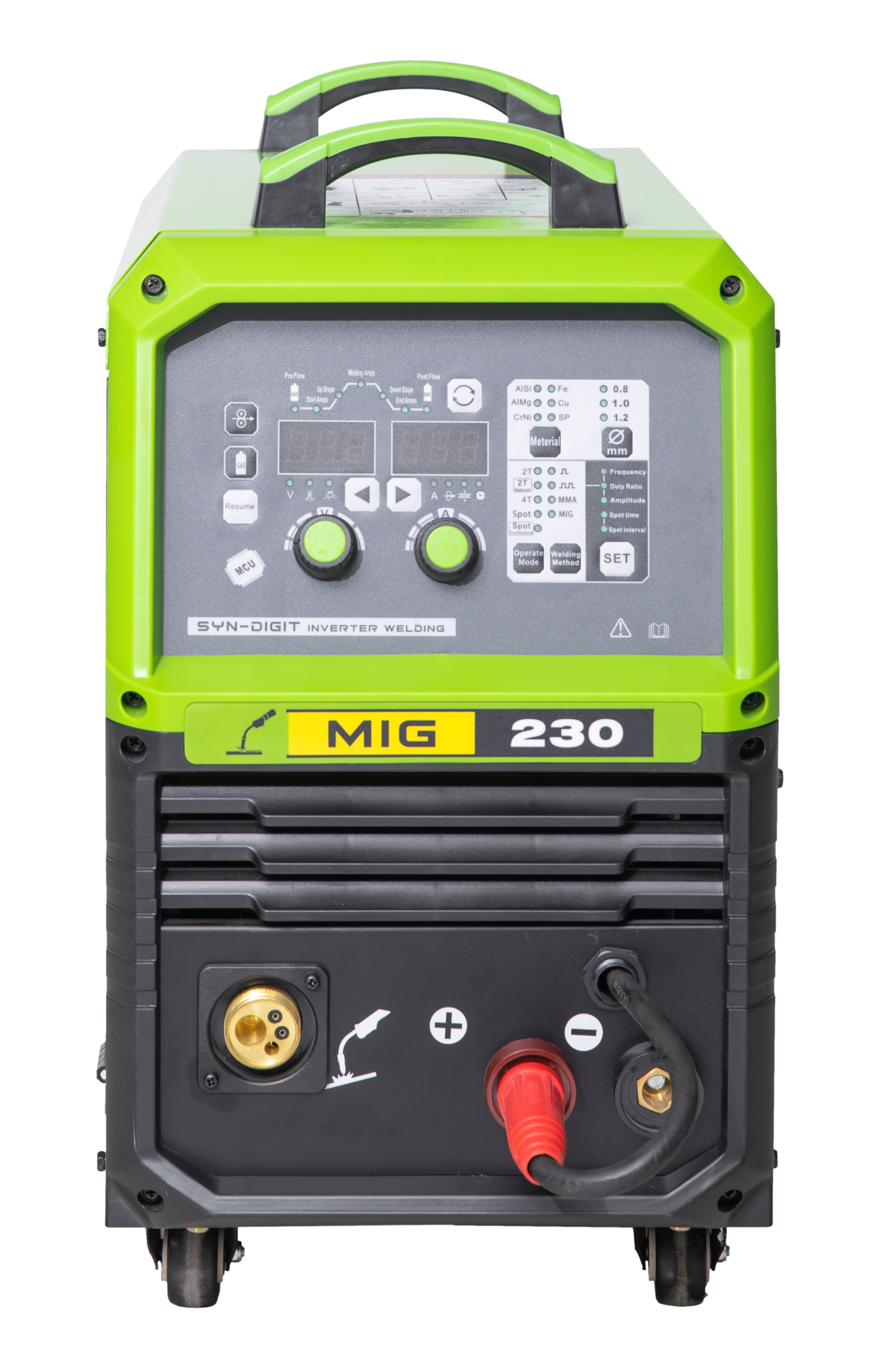 A green and black MIG welding machine with control panel, gauges, and power connections.