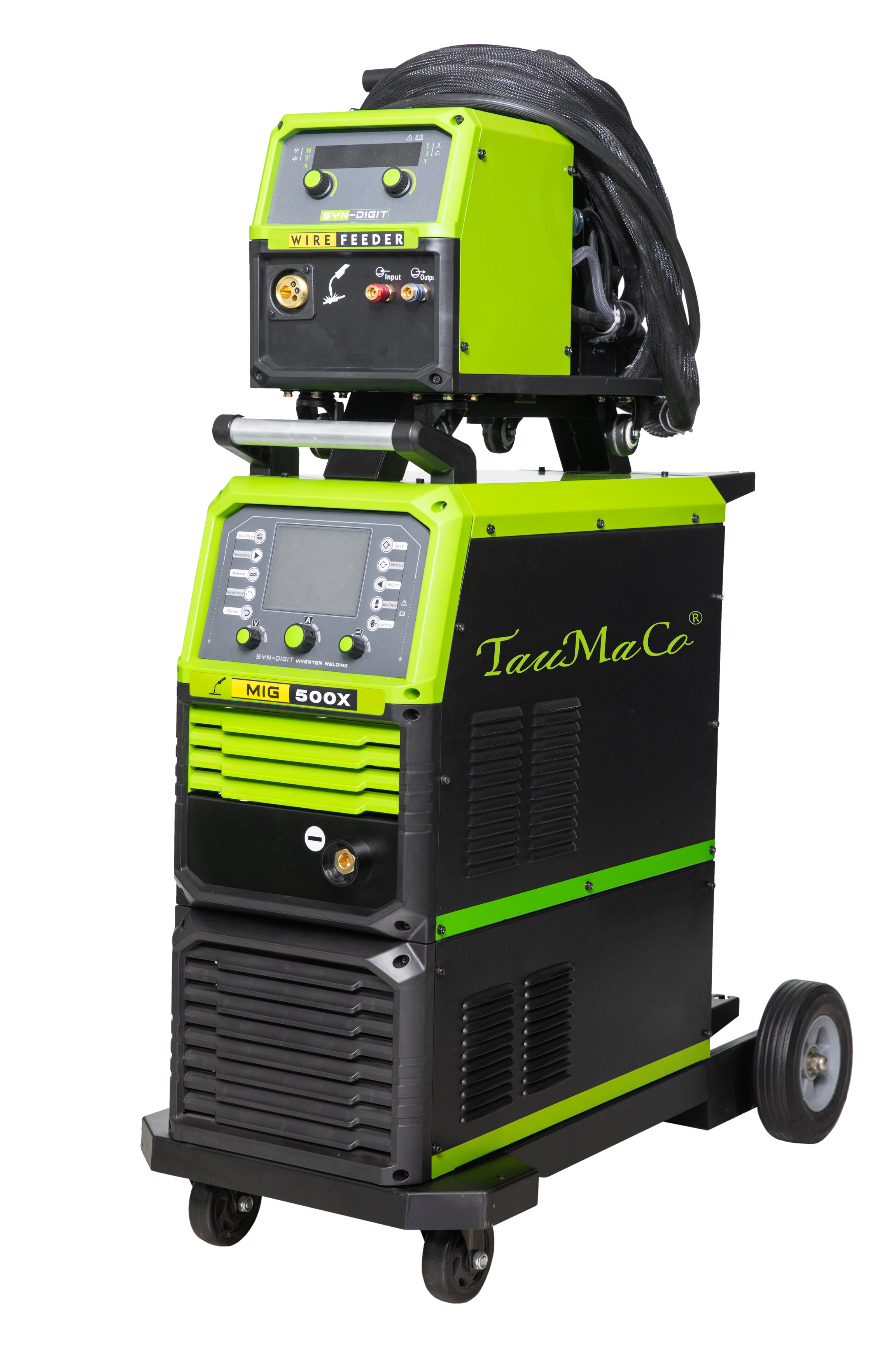 A green and black arc welding machine with digital controls and a wire feeder component, mounted on a wheeled cart.
