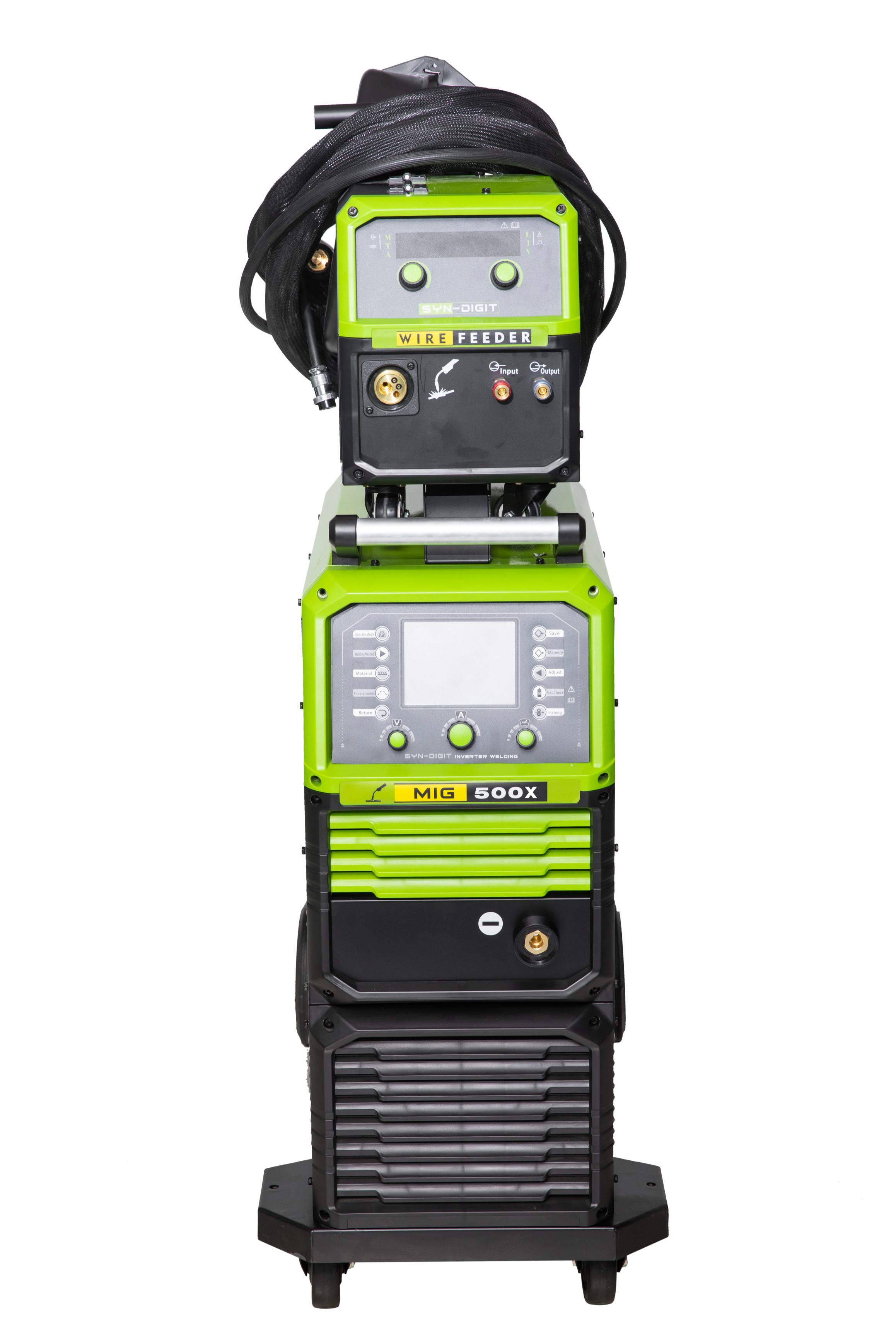 A green and black MIG welding machine with control panels, cables, and a black base.