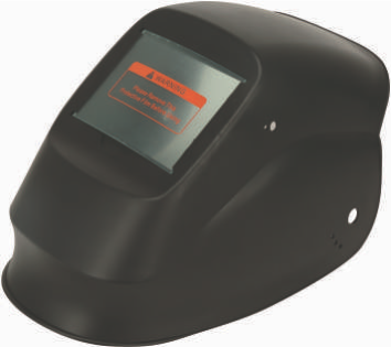 A black welding helmet with an inspection window displaying a warning message