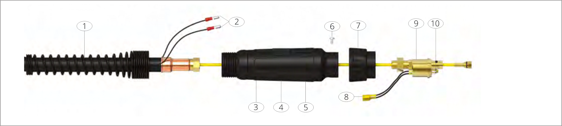 A technical diagram of an electrical component with labeled parts including wires, connectors, and plastic casings.