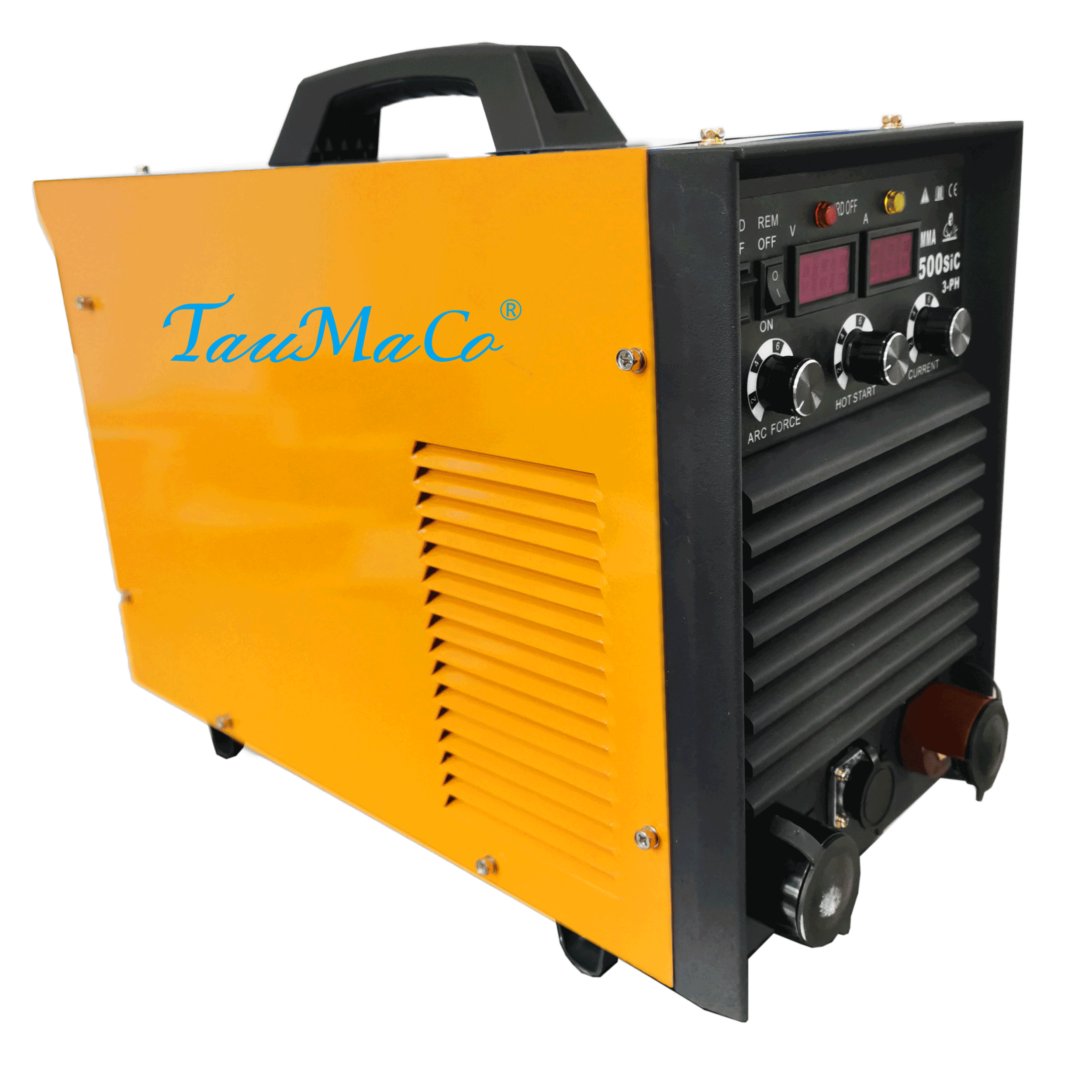 Yellow industrial welding machine with black control panel and TuaMaCo logo.