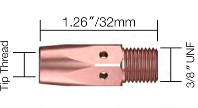 Close-up of a metal tool part with a threaded end, labeled tip thread and 3/8 inch UNF thread size, 1.26 inches long.
