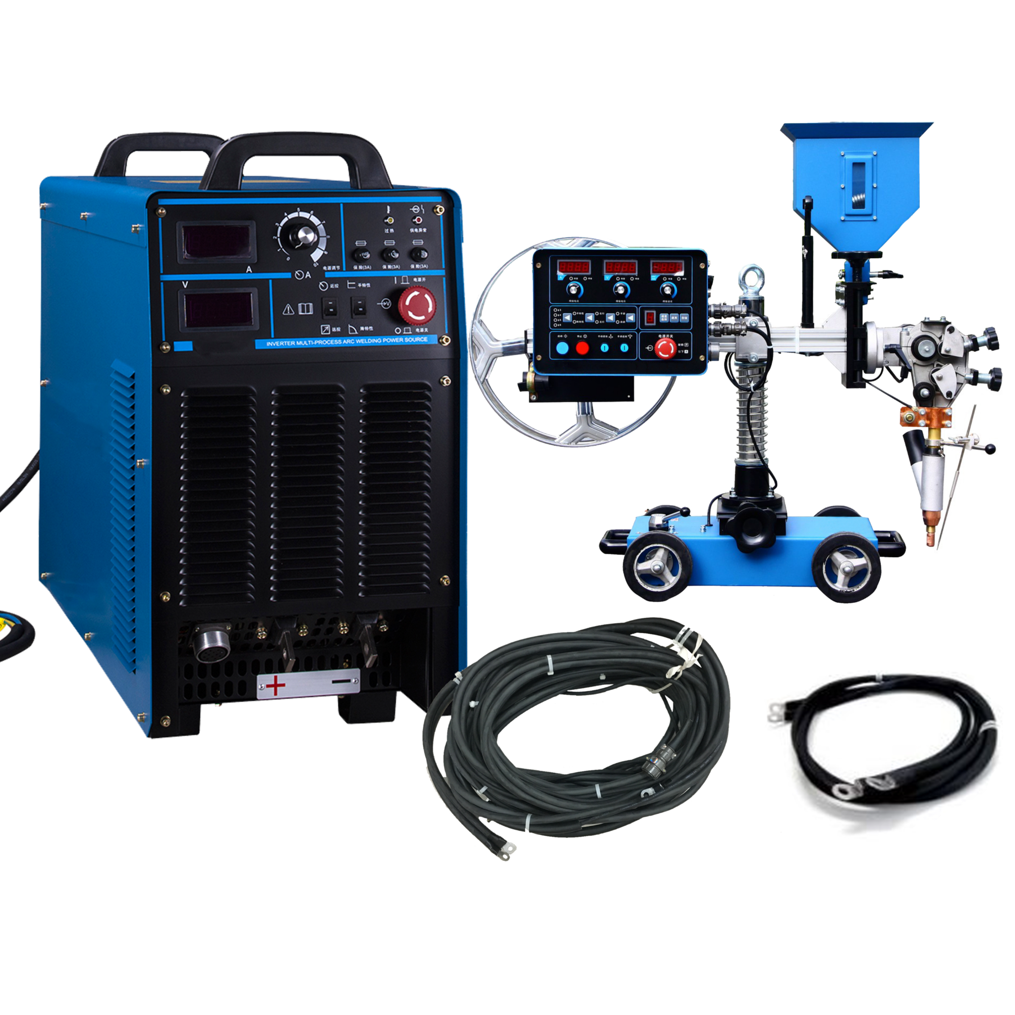 Welding machine with control panels, cables, and a welding manipulator arm on a wheeled base.