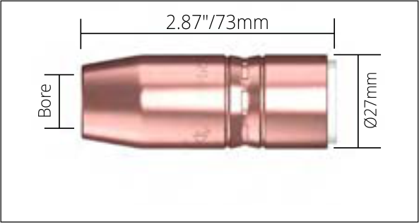 Close-up of a copper soldering tip with dimensions: 2.87 inches long, 27mm diameter at the wider end, and bore length indicated.