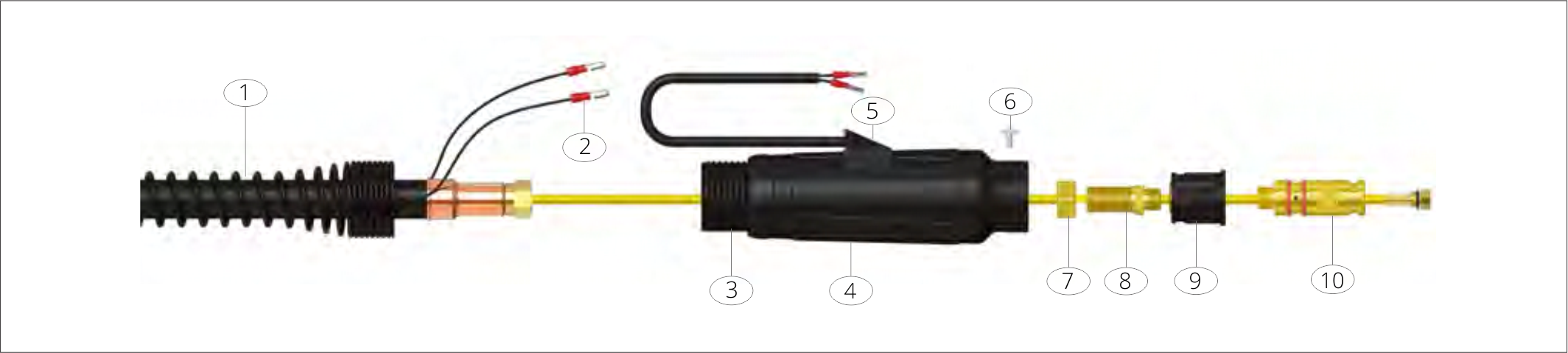 A detailed diagram of a mechanical or electrical component with numbered labels, showing various parts connected in a sequence. The parts include a ribbed black section on the left, electrical wires, and various connectors and cylindrical components on the right.