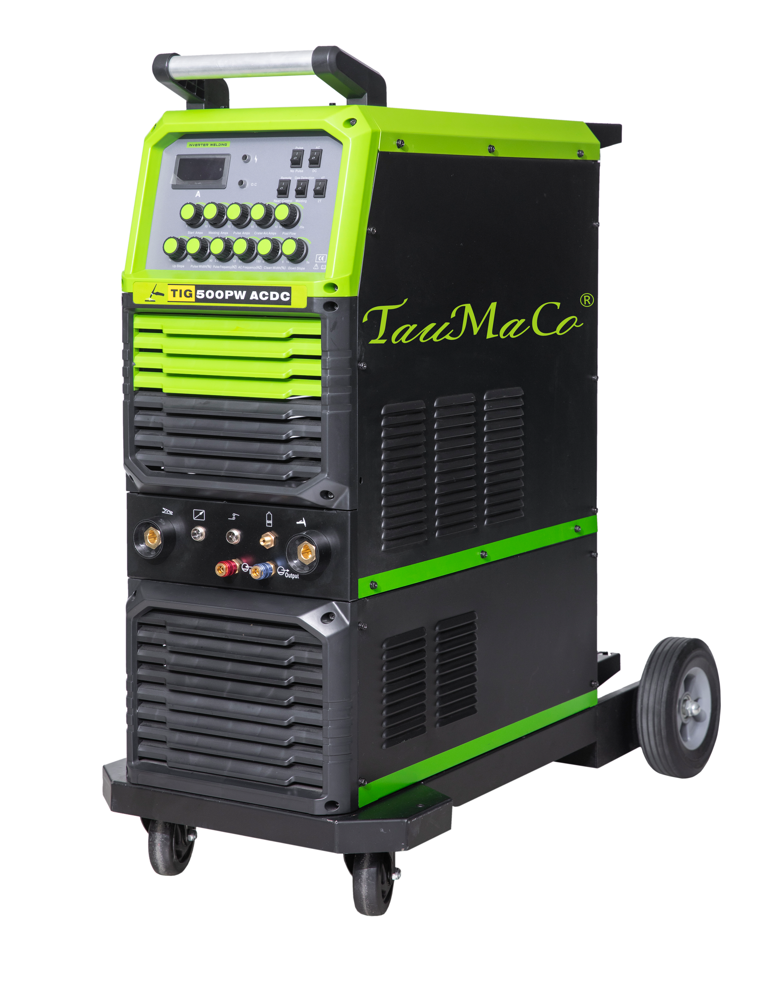 A TauMaCo TIG welder machine in black and green, featuring control buttons, dials, and input/output connections, mounted on wheels for portability.