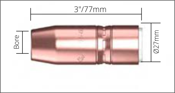 Technical drawing of a copper or metallic component with measurements, including a bore diameter of 27mm and a length of 3 inches or 77mm.