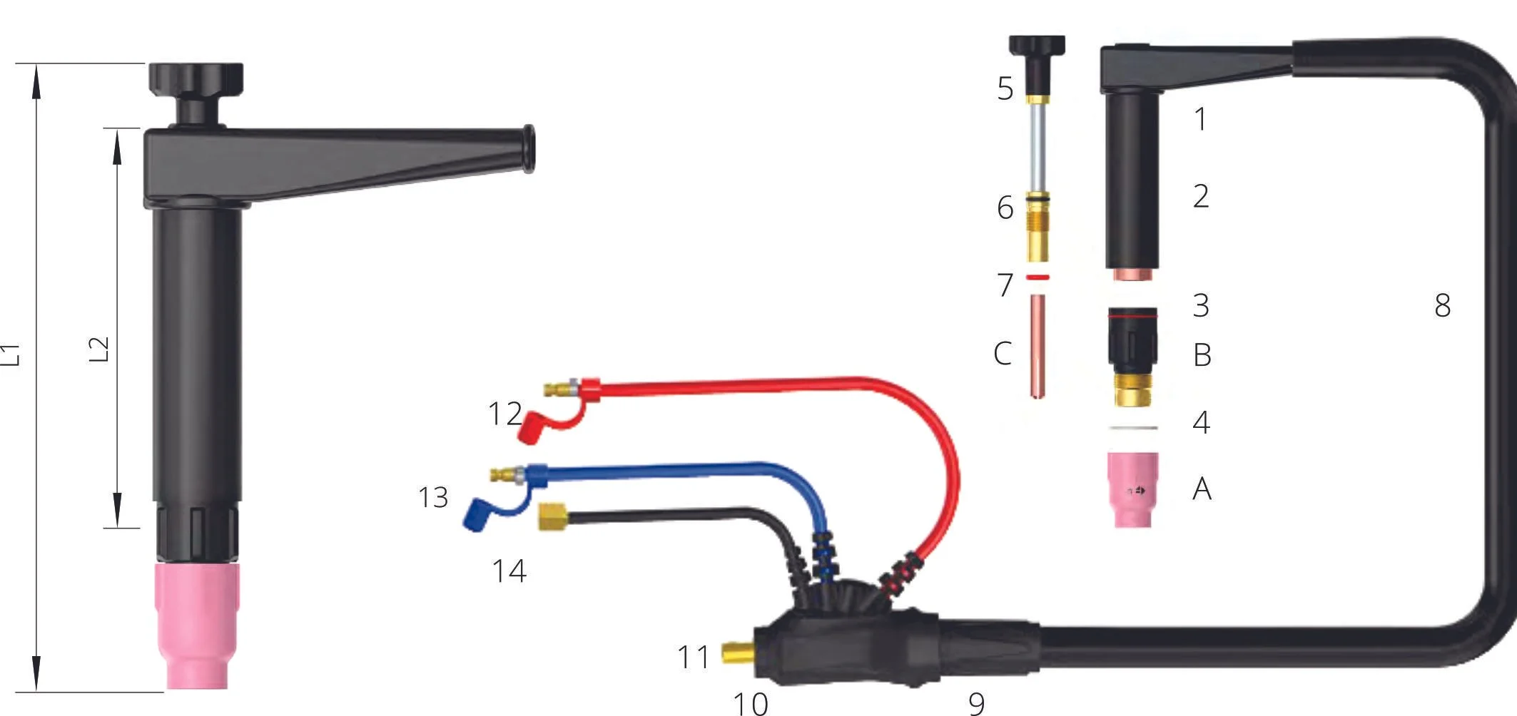 Diagram of a water filtration or tap system with labeled components, including a black main unit, colored hoses, and various connectors, pipes, and valves.
