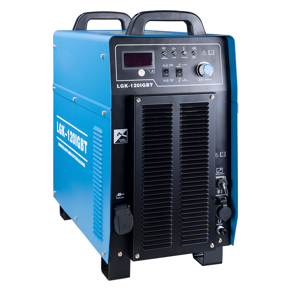 Blue industrial welding machine LGK-120IGBT with control panel on top, handle, and vents.