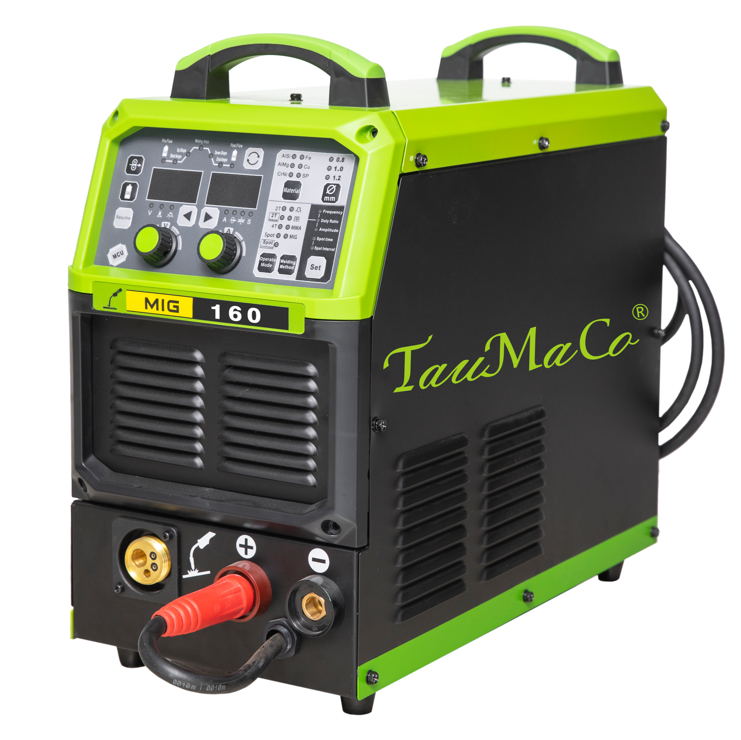 A green and black MIG welding machine with controls and cables, branded TauMaCo, model MIG 160, featuring a digital display and adjustment knobs.